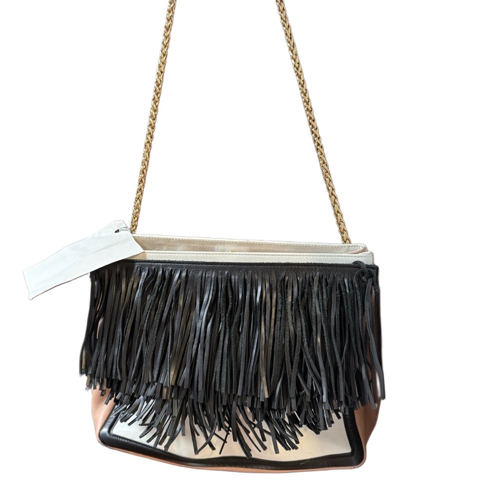 Beige, white, and black CHRISTIAN LOUBOUTIN Artemis Fringe Tote, NWT